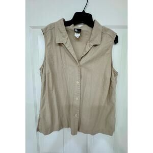 First Option XL women’s linnen blend sleeveless button down tan top